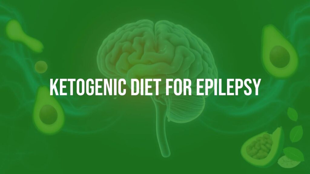 A medical illustration showing brain activity with ketones, epilepsy treatment concept, ketogenic diet elements like avocado and healthy fats, clean and professional style.